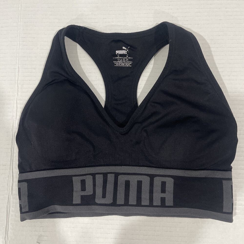 PUMA Women M Black Sports Bra Pad Inserts Racer Back Wide Band Logo Spell Out